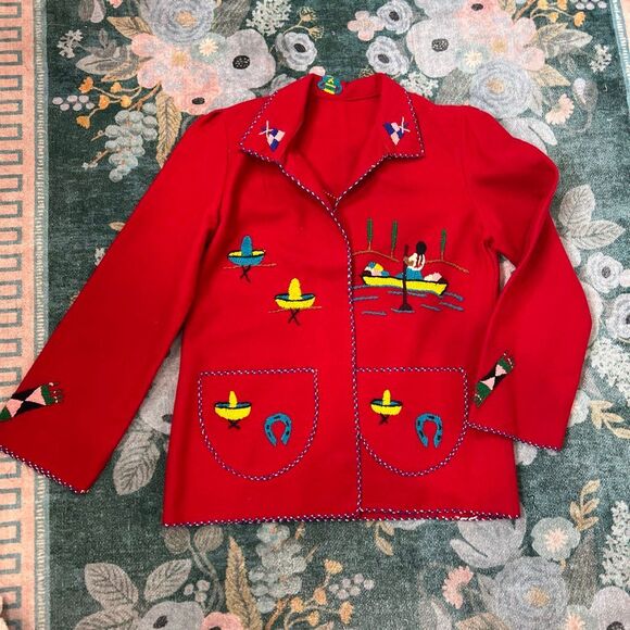 Vintage Handmade Tourist Jacket Womens Medium Red Embroidered Mexican Folk Art - Picture 9 of 13